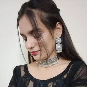 Silver Tribal Mirror Jewelry Set, Ethnic Silver Jewelry Set With Small Bells,